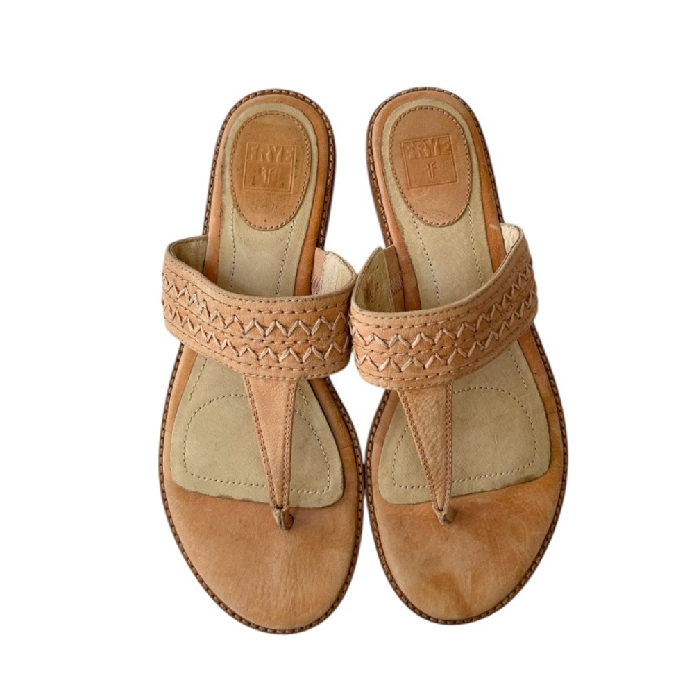 Frye Ali Artisnal Thong Sandal Brown Leather Woven Strap